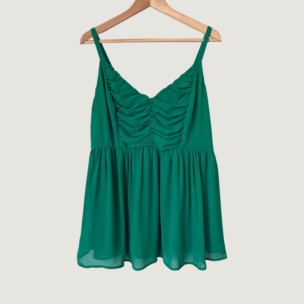Torrid Green Ruched Bust Babydoll Camisole Top Smocked Back Size 0 L XL Feminine